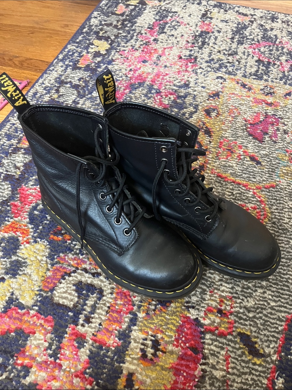 Dr. Martens Black Leather 8-Eye Lace-Up Boots with Yellow Stitching